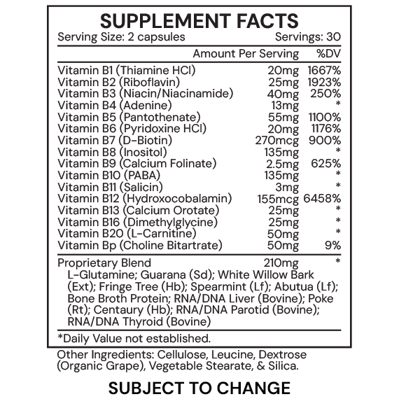 16B - supplement facts H/25 - subject to change
