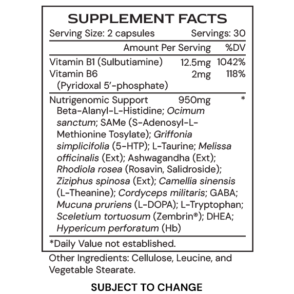 CalmGenic - supplement facts G25 - subject to change